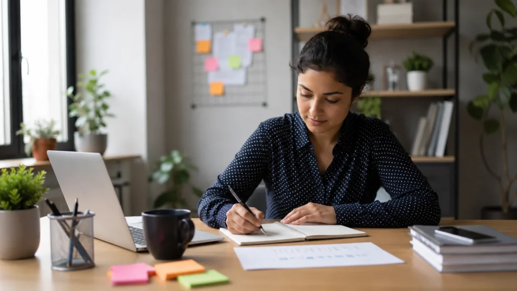 Professional workspace with planner, laptop, and clock illustrating effective time management and productivity at work.