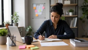 Professional workspace with planner, laptop, and clock illustrating effective time management and productivity at work.