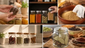 A variety of fresh spices stored in airtight glass jars to keep spices fresh and preserve their flavor for a long time.