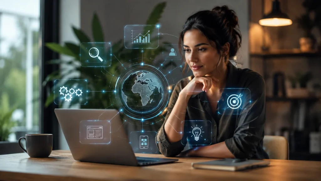 Future of SEO strategy showing AI search, voice search, social platforms, and multi-channel optimization trends.