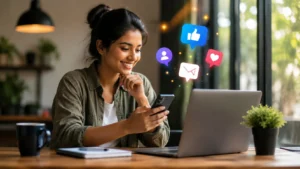 Business owner using social media marketing strategies to generate leads through engaging content and targeted ads.