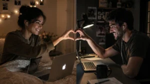 Couple in a long-distance relationship staying connected through video calls, trust, communication, and support.