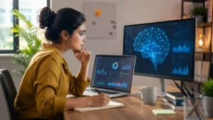 AI in Data Science visualized through analytics dashboards, machine learning models, and future-ready data insights.