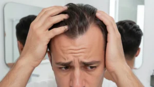 Hair loss treatment concept showing scalp thinning and solutions like finasteride, minoxidil, and hair care products