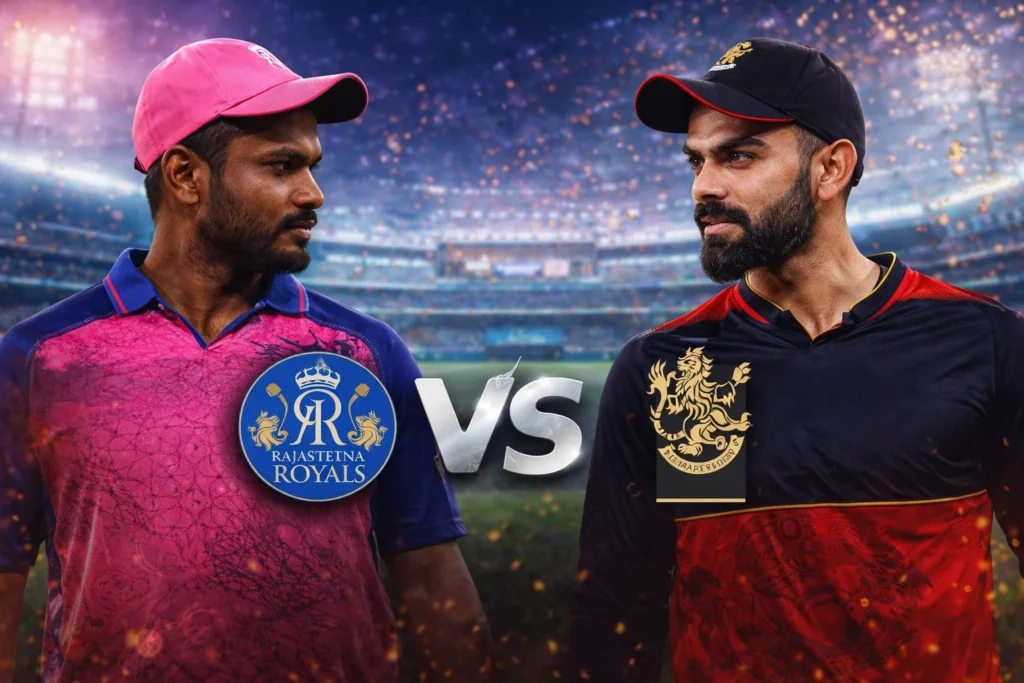 Rajasthan Royals vs Royal Challengers Bangalore IPL 2025 Match 28 prediction with players in action during a T20 cricket match.