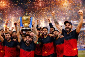 Royal Challengers Bangalore players celebrating after defeating Punjab Kings by 6 runs in the IPL T20 Final.