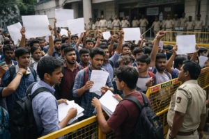 SSC aspirants protesting across India towards alleged exam mismanagement and delays.