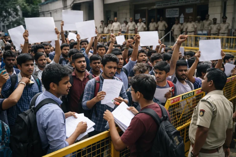 SSC aspirants protesting across India towards alleged exam mismanagement and delays.