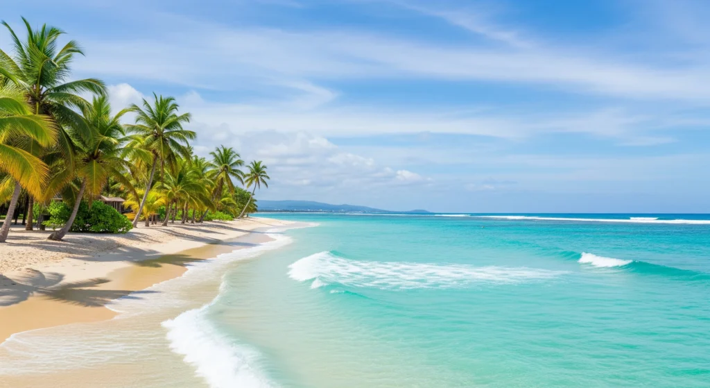 Beach and coastal destinations during peak season with sunny skies, blue ocean, and travelers enjoying seaside vacations