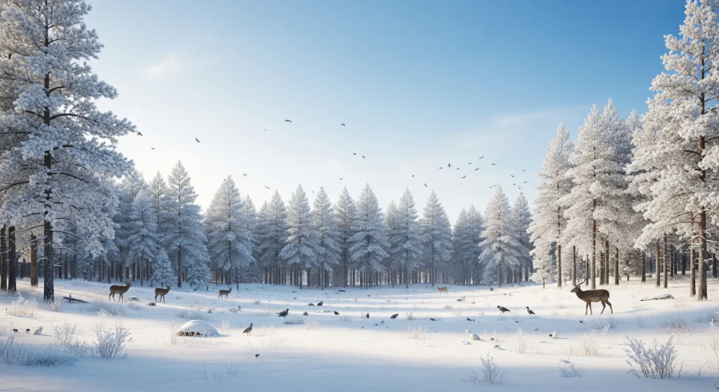 Wildlife and nature tourism experience showcasing forests, animals, and scenic landscapes during the winter season