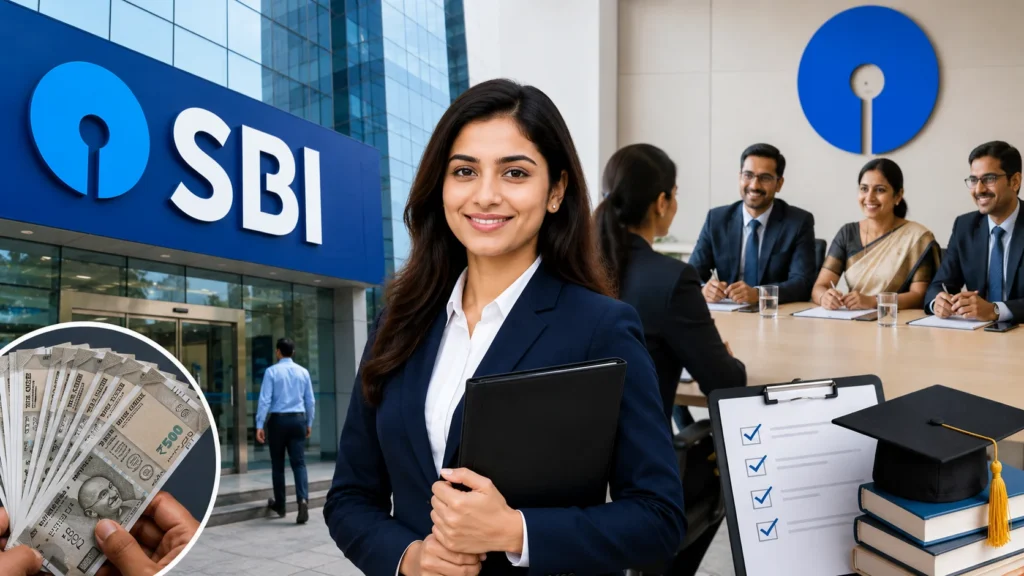 Young professional in front of SBI office highlighting SBI PO 2026 recruitment, salary, eligibility, and career opportunities.