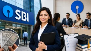 Young professional in front of SBI office highlighting SBI PO 2026 recruitment, salary, eligibility, and career opportunities.