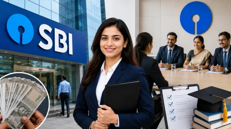 Young professional in front of SBI office highlighting SBI PO 2026 recruitment, salary, eligibility, and career opportunities.