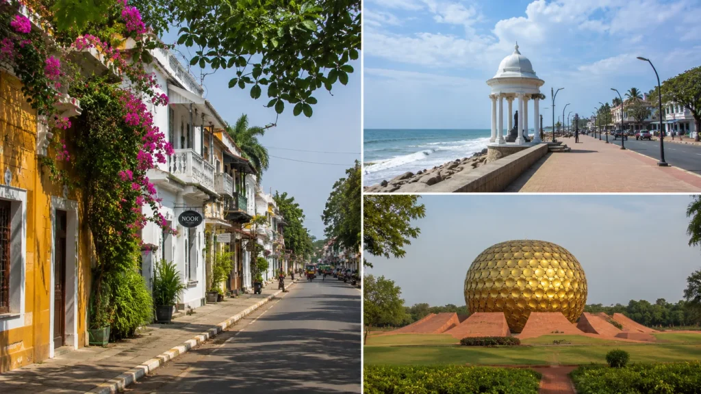Pondicherry and Auroville featuring French colonial streets, Promenade Beach and the iconic Matrimandir surrounded by greenery.