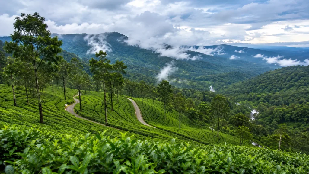 Coorg, Karnataka, with lush green tea plantations, misty hills, winding roads and monsoon clouds across the landscape.