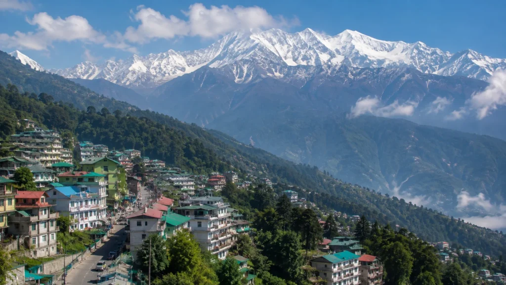 Gangtok, Sikkim, with colorful hillside buildings, lush mountains and snow-covered Himalayan peaks under blue skies.