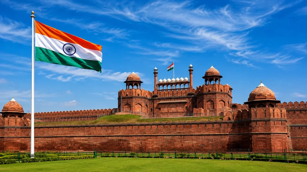 Indian national flag flying above the Red Fort in Delhi under a bright blue sky, symbolizing India’s Independence Day spirit.
