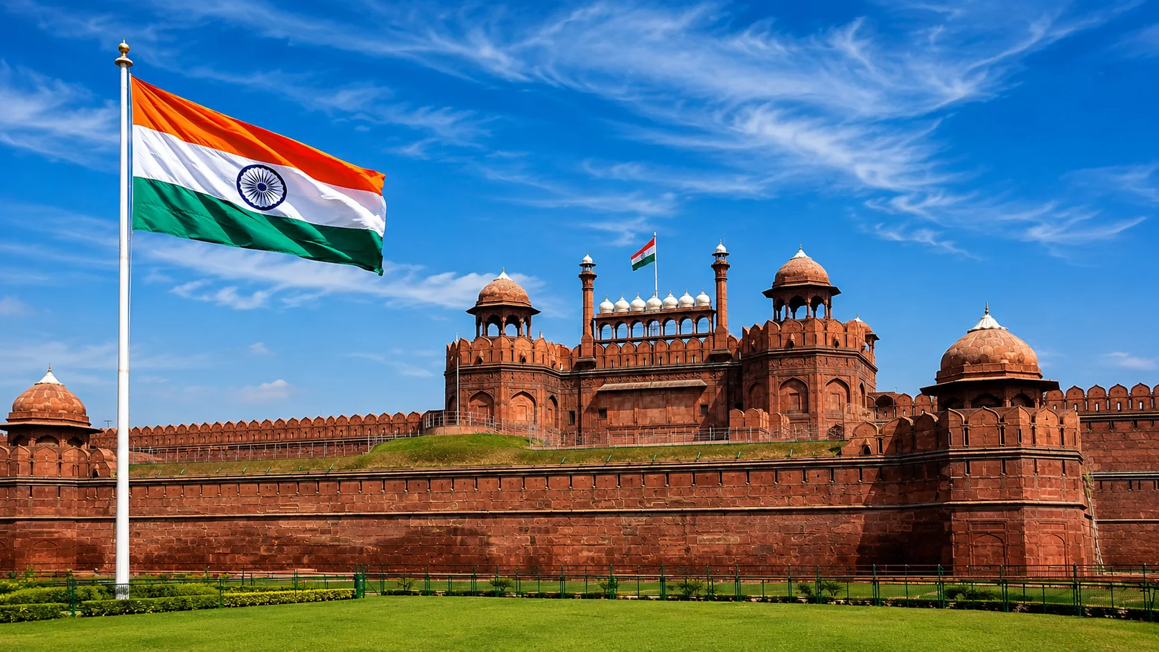 Indian national flag flying above the Red Fort in Delhi under a bright blue sky, symbolizing India’s Independence Day spirit.