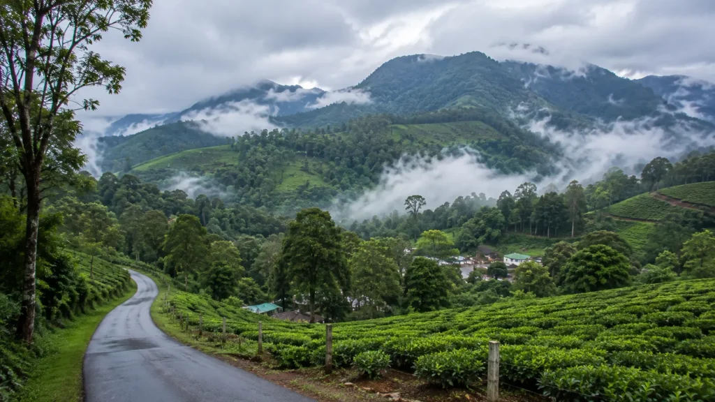 Wayanad, Kerala, with lush tea plantations, misty green mountains, dense forests and a winding road during the monsoon.